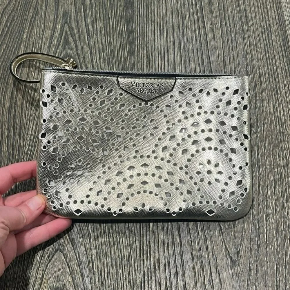 Victoria's Secret Wristlet Bag Makeup Cosmetics Zipper Closure Perforated Gold